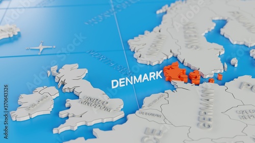 Denmark highlighted on a white simplified 3D world map. Digital 3D render.