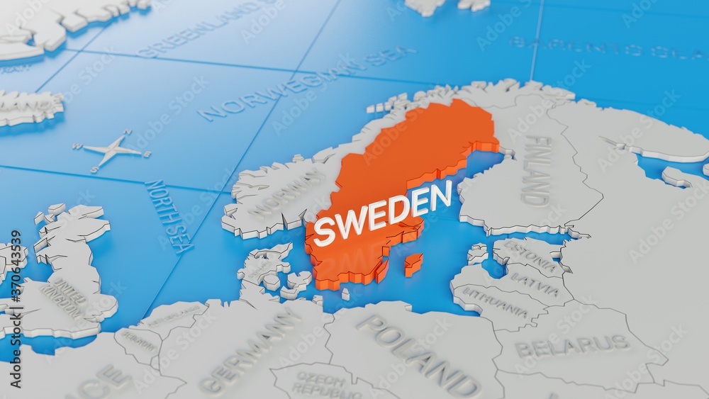 Sweden highlighted on a white simplified 3D world map. Digital 3D render.