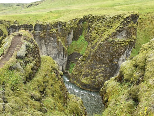 Canyon view with a streaming river  Fjadr  rglj  fur  Iceland
