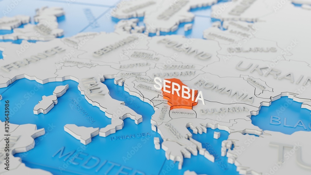 Fototapeta premium Serbia highlighted on a white simplified 3D world map. Digital 3D render.