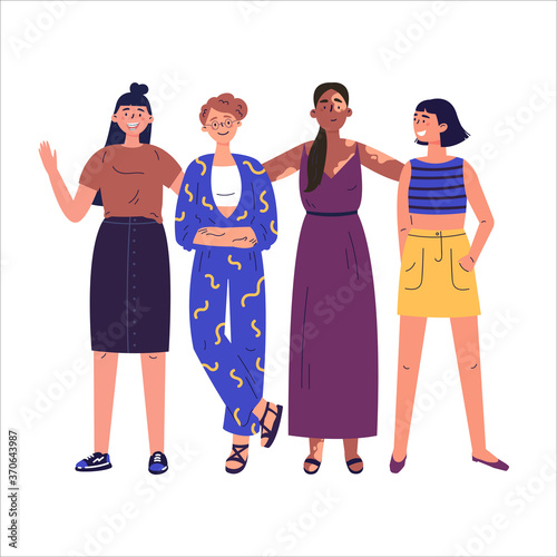 Happy women or girls standing together.Group of female friends,sisterhood.Vitiligo day.Flat cartoon characters isolated on white background. Colorful vector illustration.