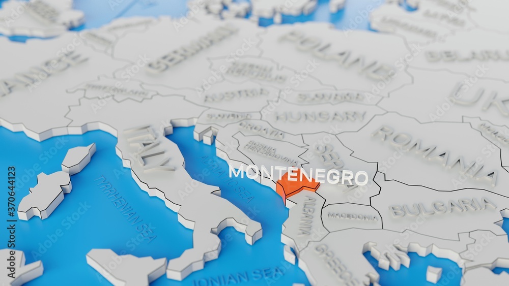 Montenegro highlighted on a white simplified 3D world map. Digital 3D render.