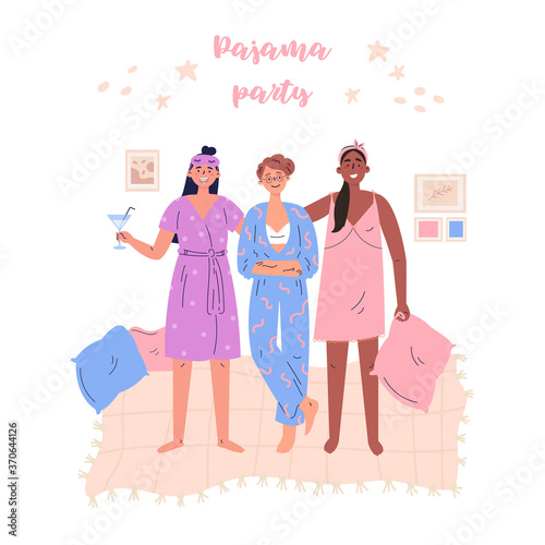 Pajama party vector cartoon illustration.Young women,girls, teenagers have fun together. Poster, flaer or banner for your event.Cozy party with cocktails at home.Girlfriends in pajamas in the bedroom.