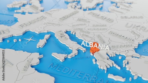 Albania highlighted on a white simplified 3D world map. Digital 3D render.