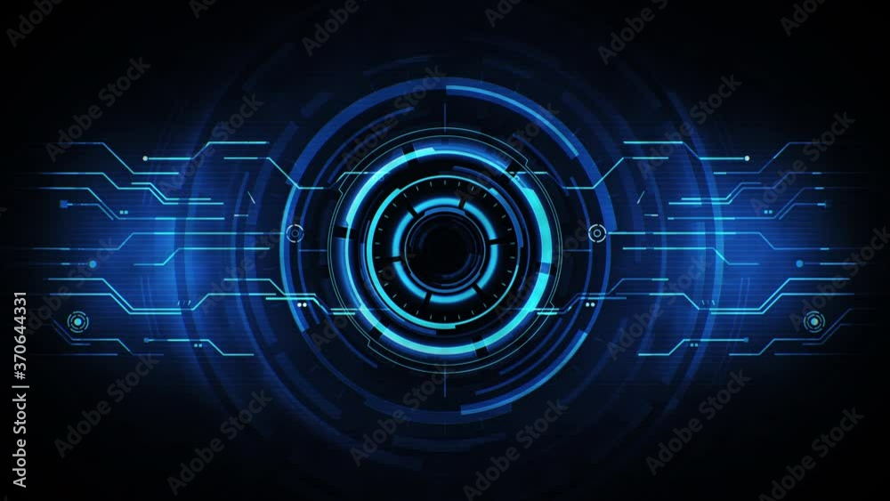 Abstract HUD element with round core and electronic circuit animation. Virtual dashboard interface for futuristic concept. Seamless loop.