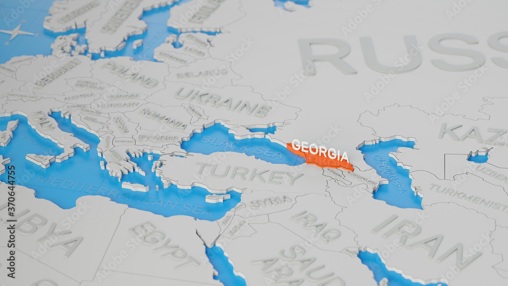 Georgia highlighted on a white simplified 3D world map. Digital 3D