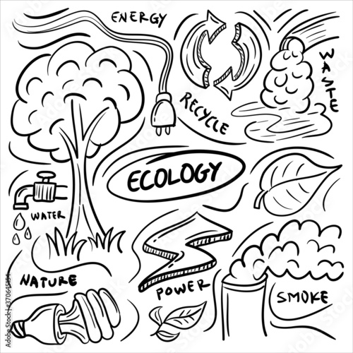 Ecology and Environmental Hand Drawn Doodle set. simple and trendy Sketching style Vector illustration 