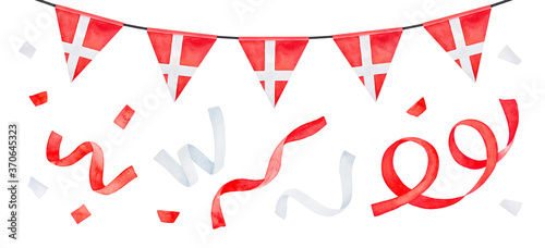 Schilderij op canvas Water color illustration collection with bright bunting with national Danish flag and red and white festive streamers