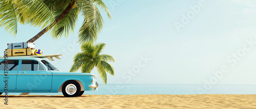 Blue old timer car with surfboard, suitcases and basketball on top on the beach in front of the ocean, 3D summer background illustration