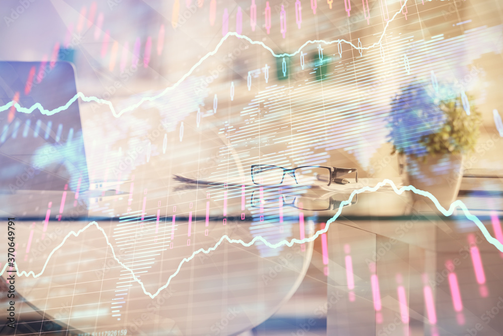 Double exposure of financial graph drawing and office interior background. Concept of stock market. Double exposure of financial graph drawing and office interior background. Concept of stock market.