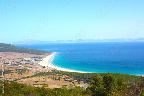Bolonia beach, with beautiful sand dunes and turquoise blue water sea, Tarifa, Cadiz, Spain.