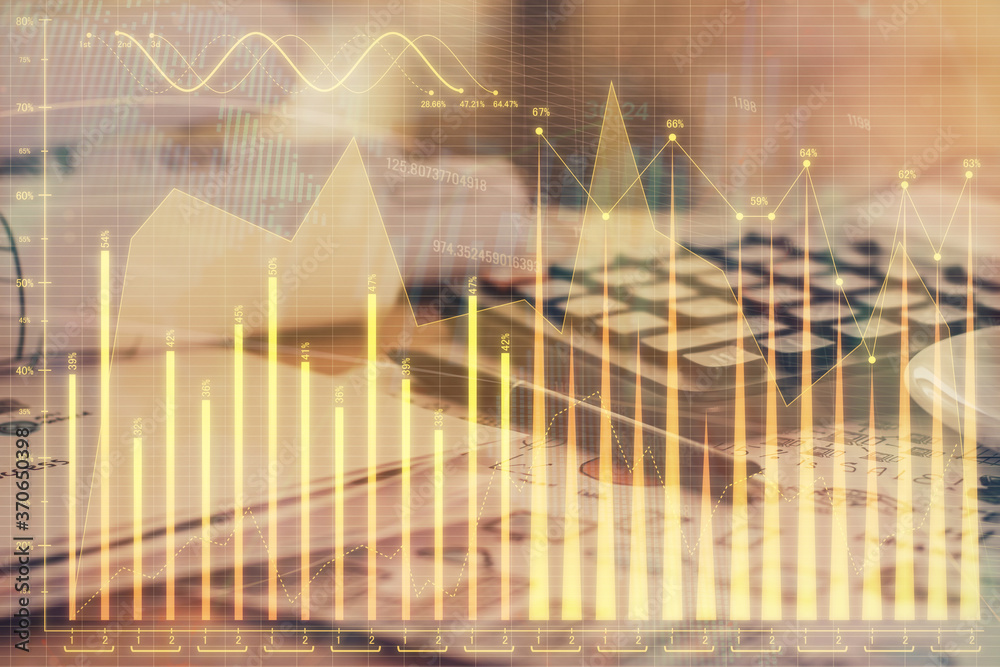 Double exposure of financial chart drawings and desk with open notebook background. Concept of forex market Double exposure of financial chart drawings and desk with open notebook background. Concept of forex market
