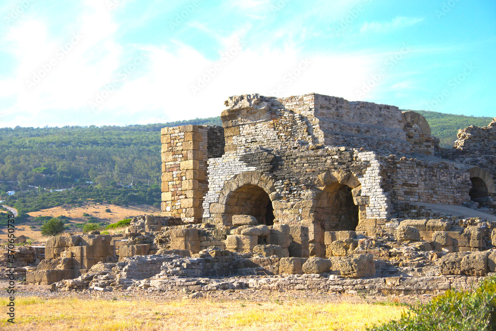Scenic landscape with ruins of Baelo Claudia is an ancient Roman town on the coast of Spain, Bolonia, Andalusia, Spain.