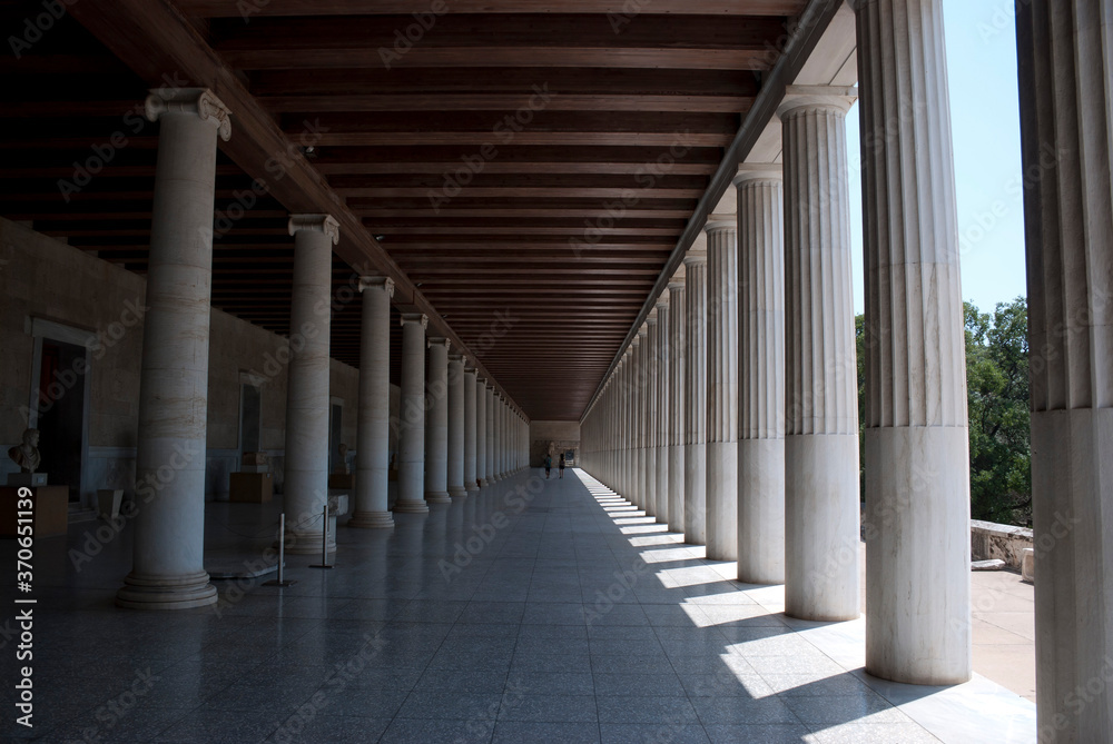 Athens, Greece, August 2020: The stoa of The Ancient Agora of Athens during the coronavirus period Athens, Greece, August 2020: The stoa of The Ancient Agora of Athens during the coronavirus period