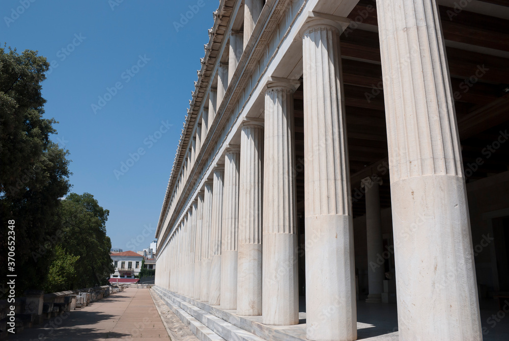 Athens, Greece, August 2020: The stoa of The Ancient Agora of Athens  during the coronavirus period