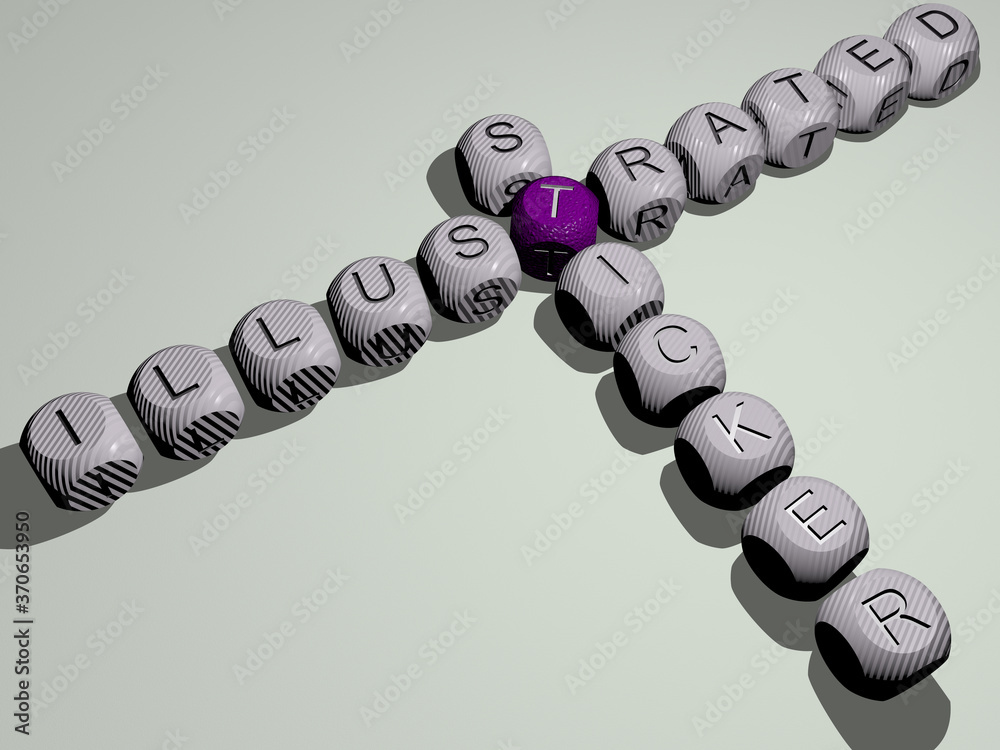 ILLUSTRATED STICKER crossword of dice letters in color. 3D illustration