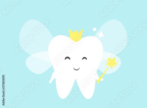 Cute tooth fairy vector. Tooth wearing crown and holding a magic star wand.