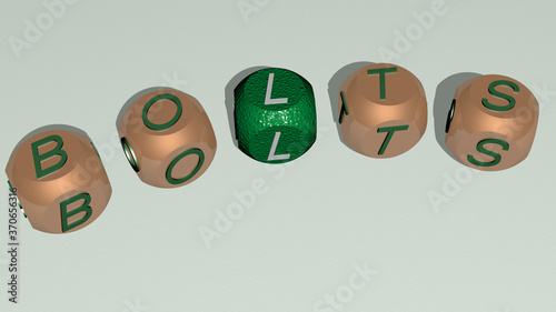 BOLTS curved text of cubic dice letters. 3D illustration. background and metal