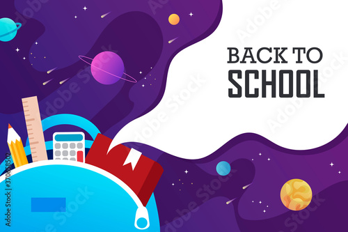 Back to school banner. School backpack with book, pencil, calculator and ruler. Space design. cartoon vector illustration. Template for poster, flyer, banner, sale leaflet. Text and frame. 