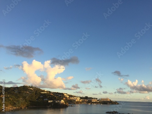 Landscape view of lush tropical coastline at sunset
