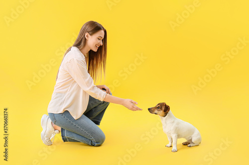 Young woman with cute dog o...