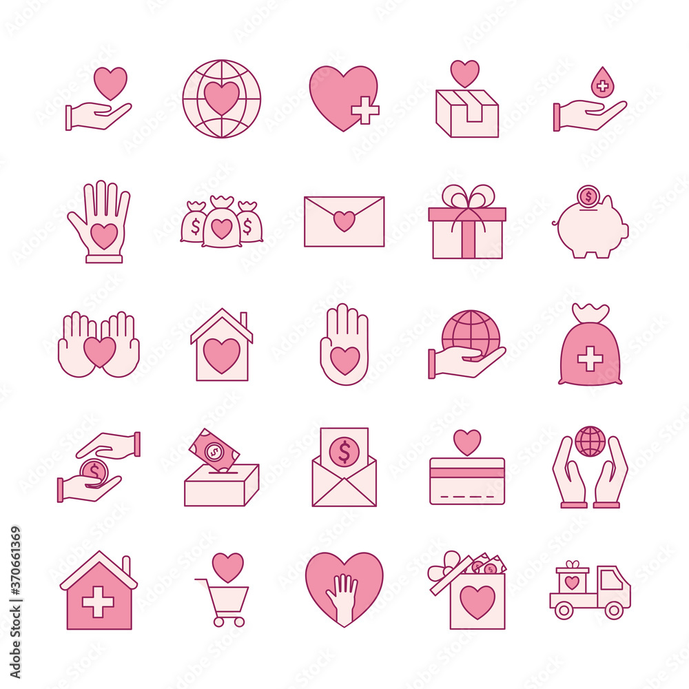 line and fill style icons group design of Charity and donation theme Vector illustration line and fill style icons group design of Charity and donation theme Vector illustration