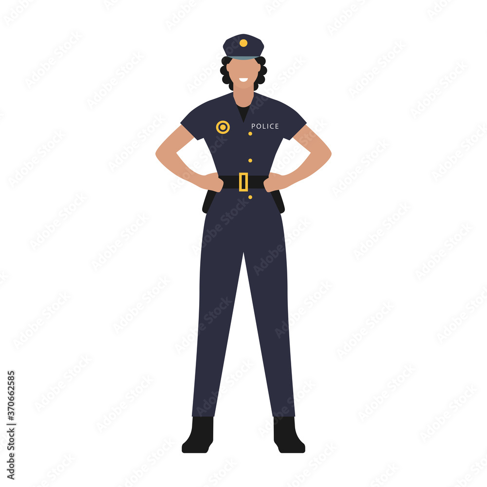 Mujer policía. Seguridad y protección para la ciudad o país. Profesional. Ilustración vectorial estilo plano. Piel oscura