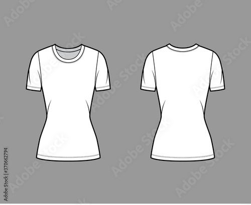 Crew neck jersey t-shirt technical fashion illustration with short sleeves, close-fitting shape, tunic length. Flat sweater apparel template front, back white color. Women, men, unisex outfit top CAD