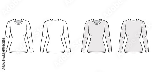 Crew neck jersey sweater technical fashion illustration with long sleeves, close-fitting shape, tunic length. Flat outwear apparel template front back white grey color. Women men unisex shirt top CAD