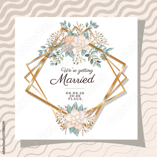 we are getting married text in gold frame with flowers and leaves design  Wedding invitation save the date and engagement theme Vector illustration