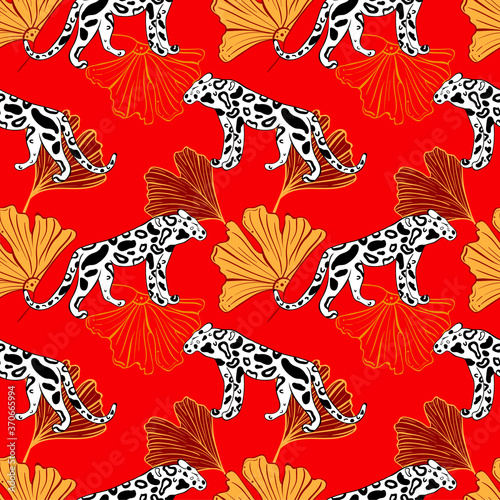 Tropical pattern with leopard at east style. Chinese and japanese vibes.