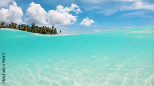 Split view half underwater crystal azure calm sea surface with white sand at the bottom and palm trees on the shore of idyllic wild tropical beach. Vacation and rest in paradise.