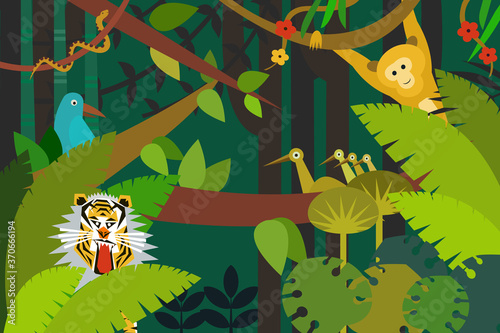 Tropical jungle with animals and birds