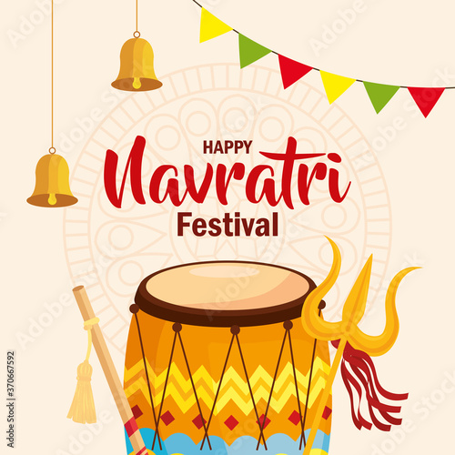 happy navratri celebration poster with dhol vector illustration design