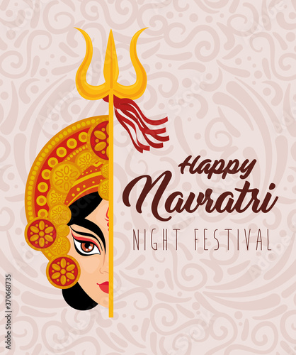 happy navratri celebration poster with face durga vector illustration design