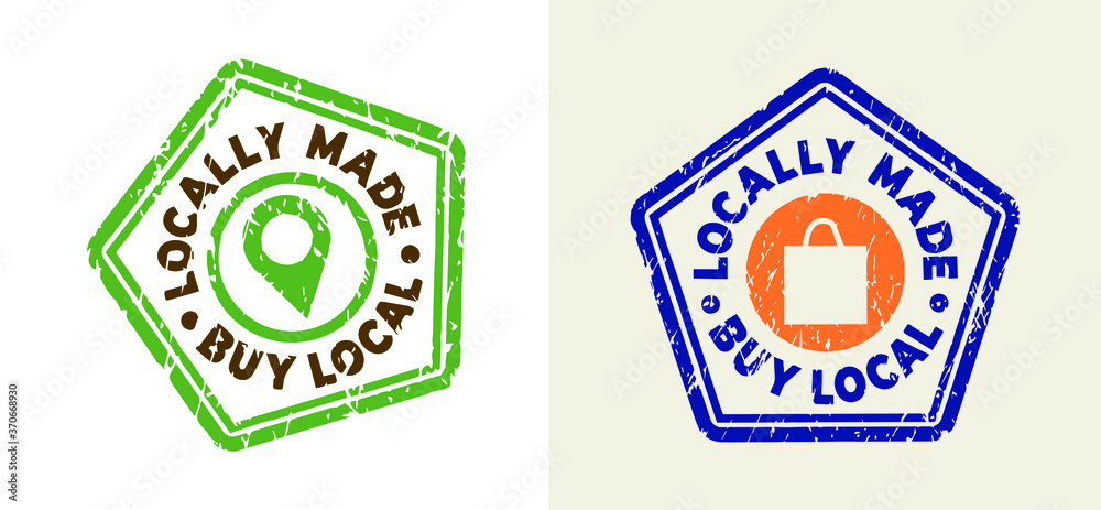 Obraz premium Locally made, buy local stamps in polygon shapes. Grunge texture. Vector illustrations.