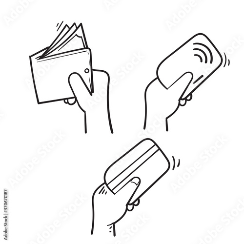 Set of hand drawn payment options vector elements in doodle style. Credit card processing, hand holding debit or credit card, cash and cash.