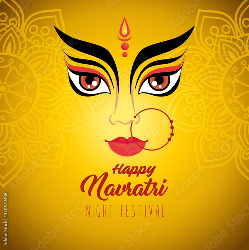 happy navratri celebration poster with durga face on yellow background vector illustration design