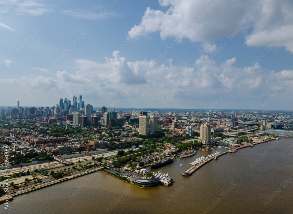 Aerial view over the Philadelphia downtown skyline with PA USA