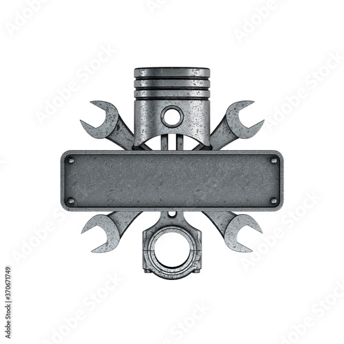 Emblem created with piston, keys and license plate. Silver version. photo