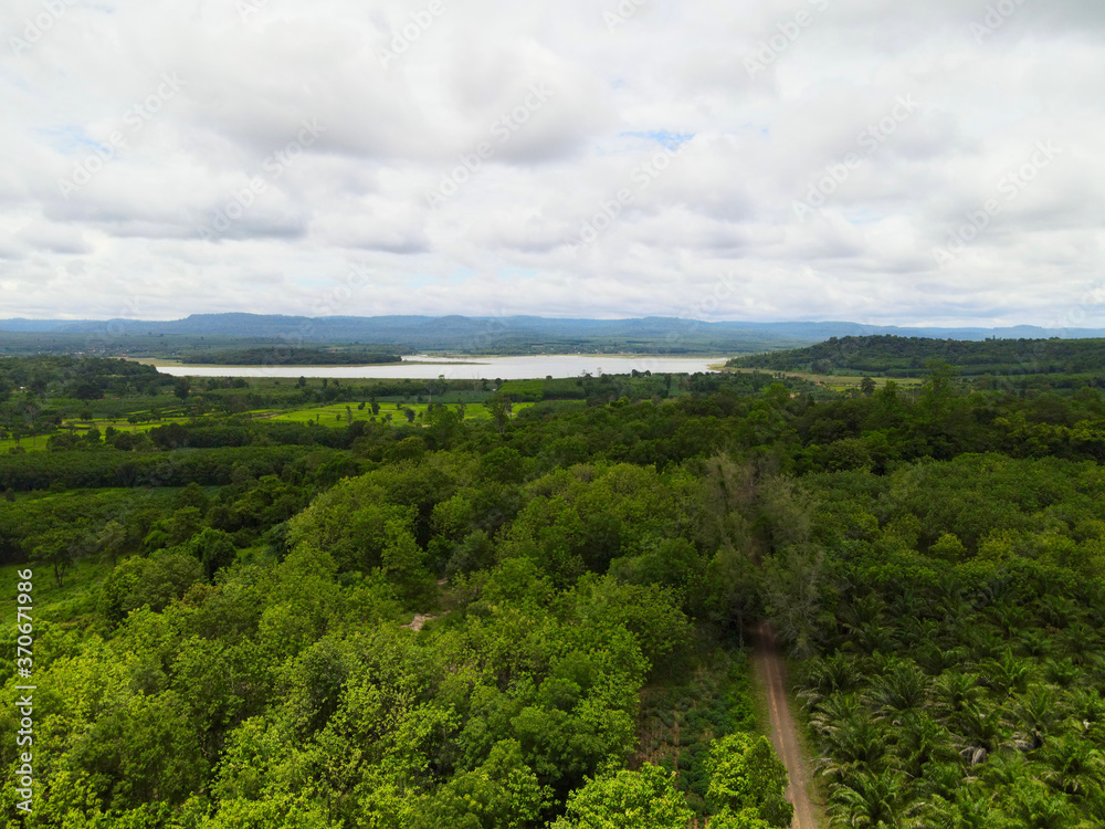 High angle shot forest with river and mountain landscape. Sisaket Thailand