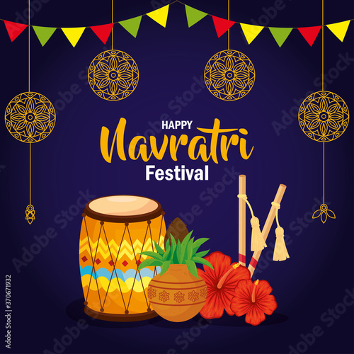 happy navratri celebration poster with dhol and decoration vector illustration design