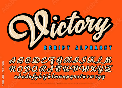 Victory Script Alphabet. A Cursive Lettering Style in Neutral Tones with Thick Black Outline Shadows and Highlights. Great Branding Font for Hip Fashion or Sports. photo