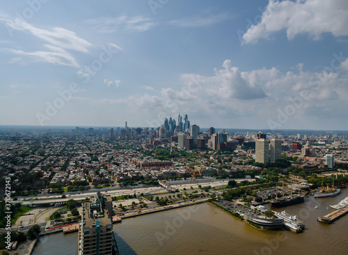 Cityscape of Philadelphia skyscraper skylines building along river in city downtown of Philadelphia in PA USA.