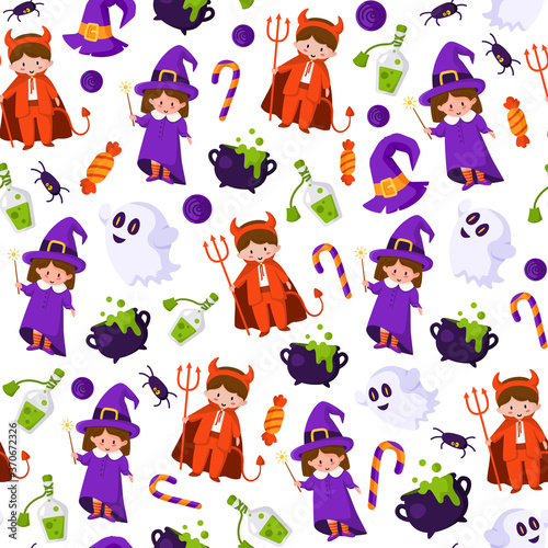 Halloween cartoon seamless pattern - kids in halloween costumes of devil and witch, scary creepy ghost, spider, cauldron with potion, traditional holiday symbols - vector seamless background