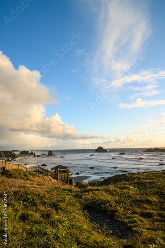 View of Bandon Beach State Park in Oregon, taken from bluff. 