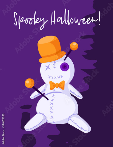 Halloween cartoon greeting card or nursery poster - creepy voodoo doll in orange hat on dark violet background, copy space for your text, pre-made vector template for print