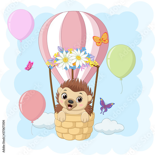 Cartoon baby hedgehog riding a hot air balloon