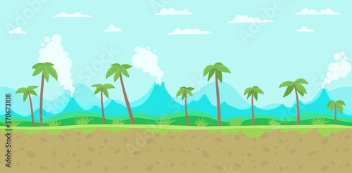 Jungle game background. Parallax ready layers. Seamless pattern tileable. Landscape with a palm trees tropics and volcano. Unending vector flat illustration. Horizontal banner.