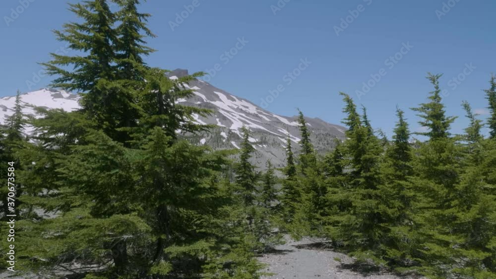 Amazing epic snow capped mountain peak South Sister scenic high elevation through green evergreen forest landscape blue sky sunny day in Bend Oregon pacific northwest usa tracking forward shot Amazing epic snow capped mountain peak South Sister scenic high elevation through green evergreen forest landscape blue sky sunny day in Bend Oregon pacific northwest usa tracking forward shot